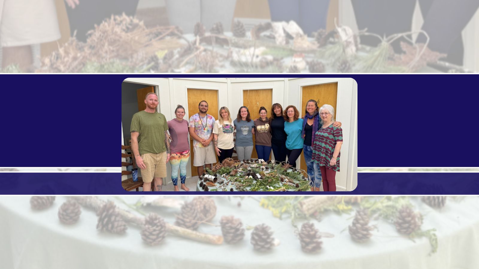 Participants gather around a collaborative nature mandala created during the Living in the Light Summer Solstice Hatha Yoga Retreat at Song of the Morning.